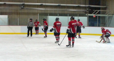 The Spiders playing some one-way hockey. From left, Nick Ungaro (19), Aaron Bedessem (13), Brian Armagost (77), Rob Droullard (9), Luke Baker (6), Amber Obermoller (34).