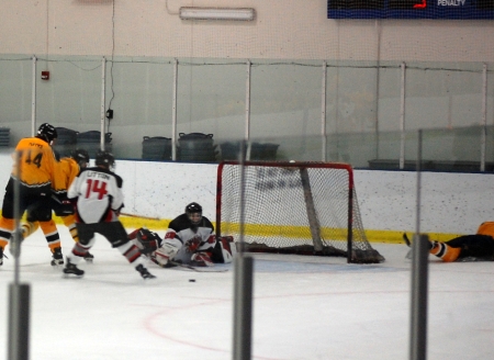 The wreckage following Schroeder’s tripping minor, which would be assessed for a penalty shot for the Gold Rush.