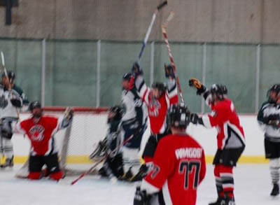 The ensuing celebration following Monty’s game-winning goal in the third period.